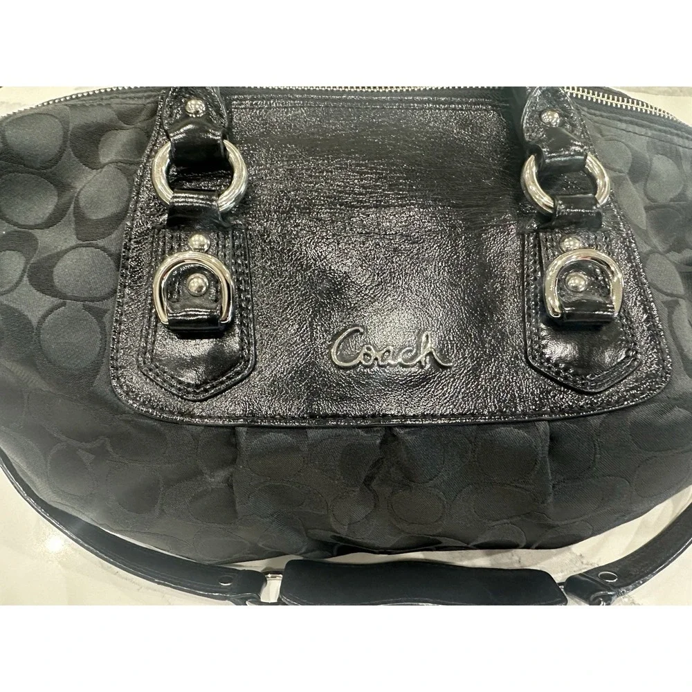 Coach Black Signature Jacquard Satchel Shoulder Crossbody Bag Patent Leather EUC